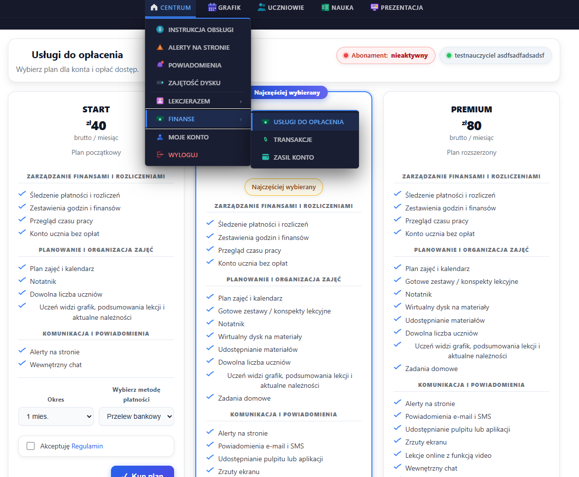 Panel korepetytora — Plany i usługi do opłacenia