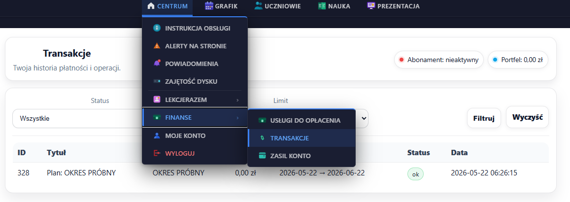 Panel korepetytora — Transakcje