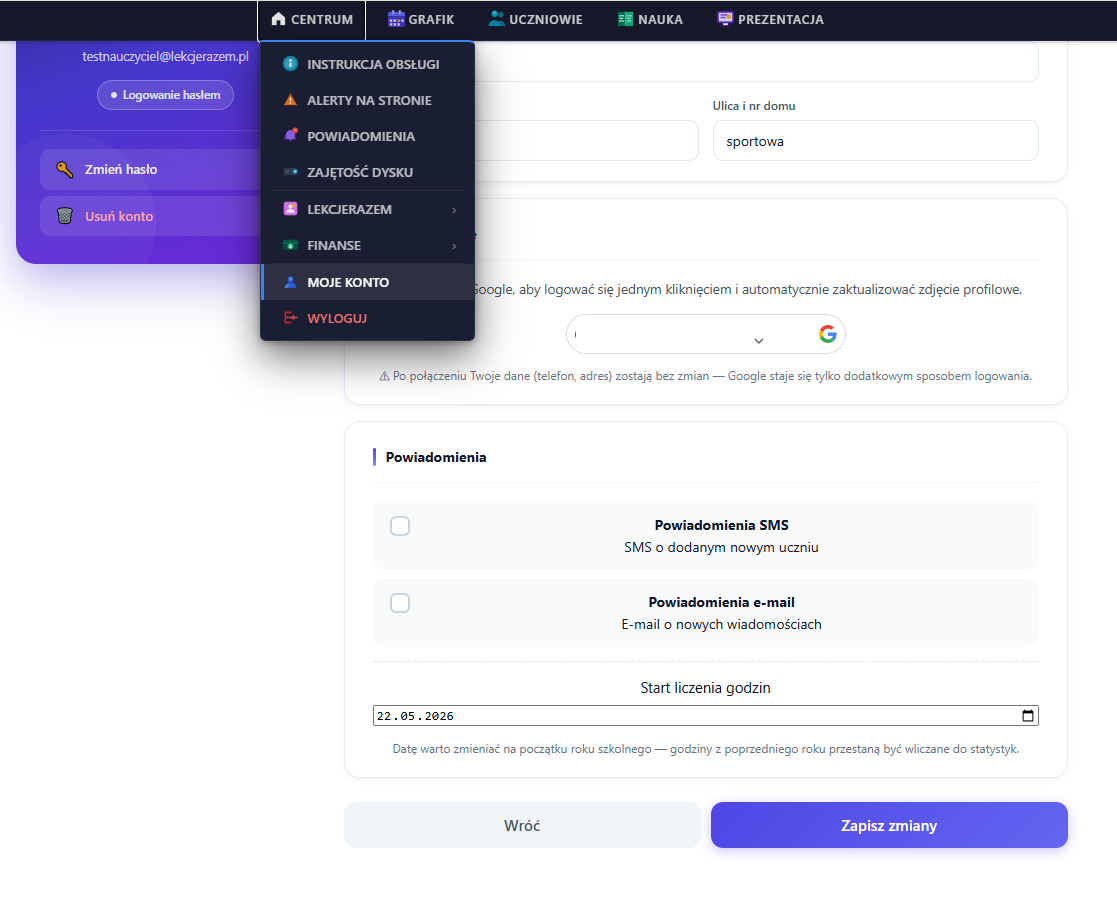 Panel korepetytora — Moje konto — dane i powiadomienia