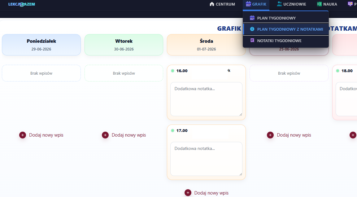 Panel korepetytora — Plan tygodniowy z notatkami