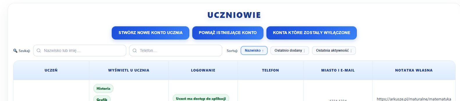 Panel korepetytora — Lista uczniów