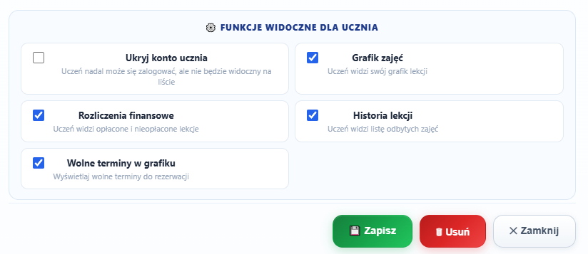 Panel korepetytora — Funkcje widoczne dla ucznia