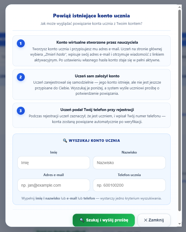 Panel korepetytora — Powiązanie istniejącego konta
