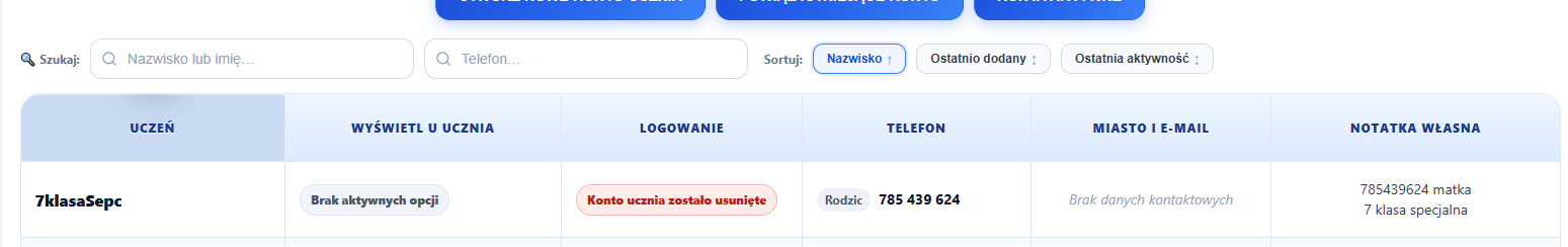 Panel korepetytora — Konta wyłączone