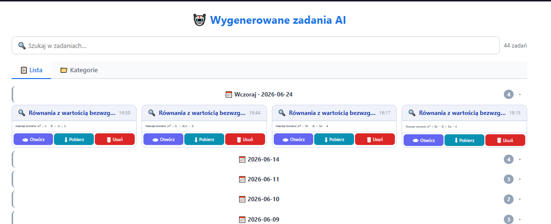 Panel korepetytora — Wygenerowane zadania AI