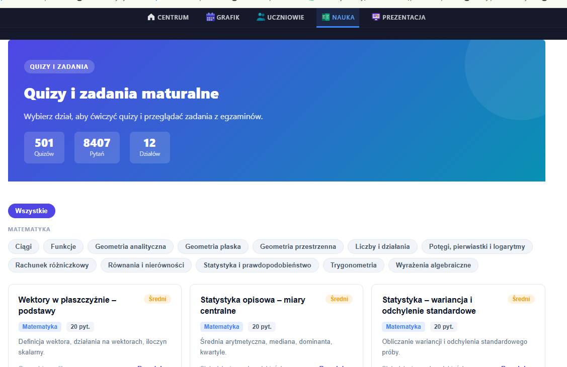 Panel korepetytora — Quizy i zadania maturalne