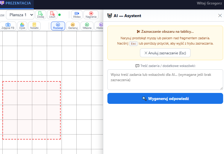 Panel korepetytora — AI — zaznaczanie obszaru
