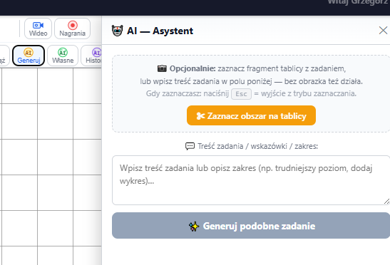 Panel korepetytora — AI — generowanie podobnego zadania