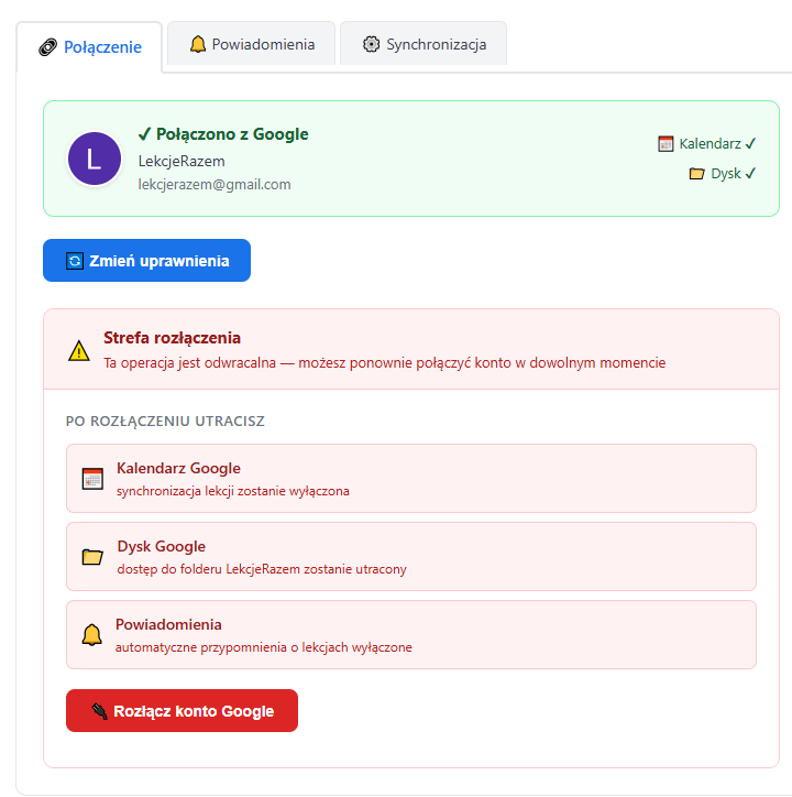 Panel korepetytora — Połączenie konta Google
