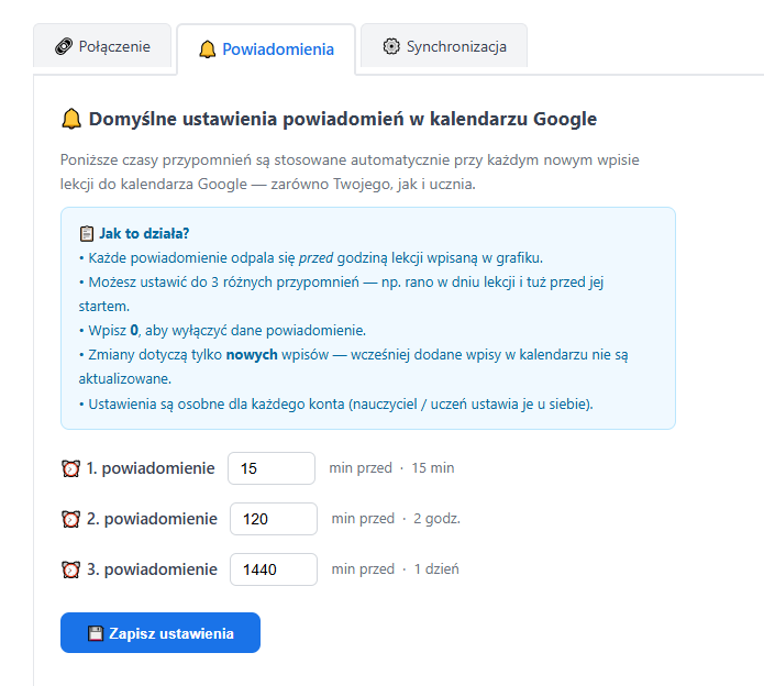 Panel korepetytora — Domyślne powiadomienia kalendarza