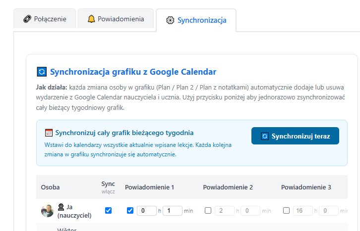 Panel korepetytora — Synchronizacja grafiku