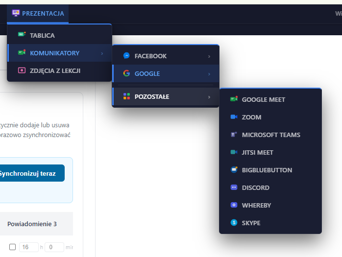Panel korepetytora — Komunikatory zewnętrzne