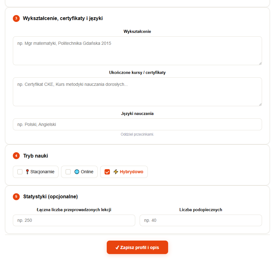 Konto ogłoszeniodawcy — Profil i opis — wykształcenie i tryb nauki