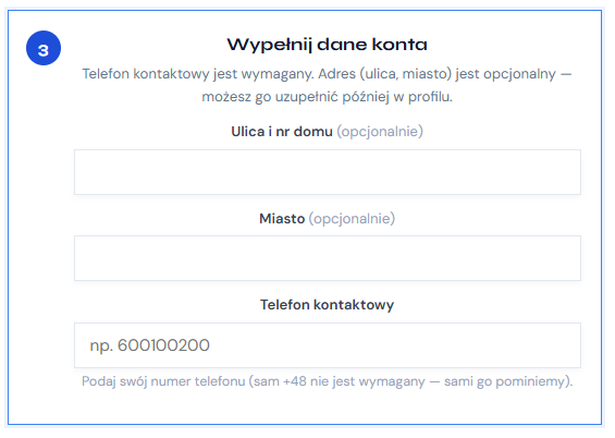Jak założyć konto — Dane konta