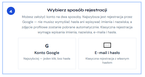 Jak założyć konto — Wybór sposobu rejestracji