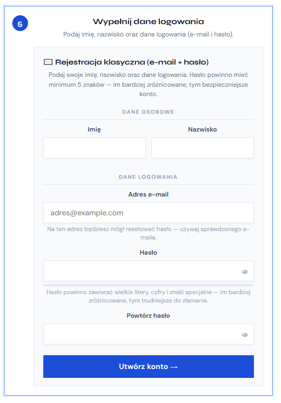 Jak założyć konto — Rejestracja klasyczna (e-mail i hasło)