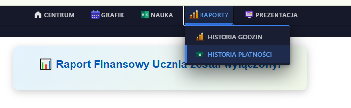 Konto ucznia — Raporty — historia płatności