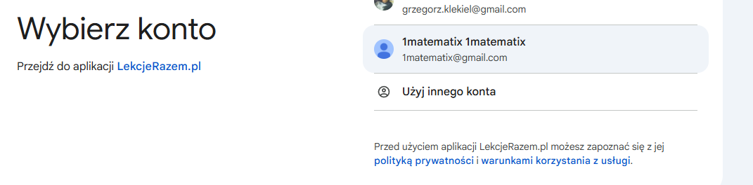 Konto ucznia — Wybór konta Google