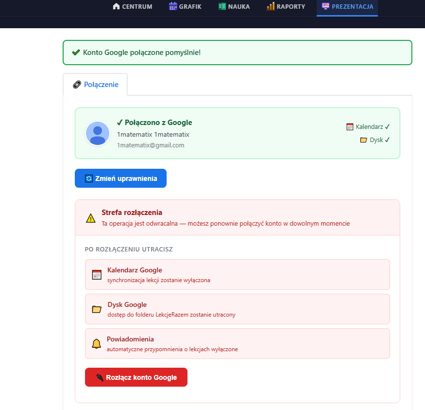 Konto ucznia — Konto Google połączone